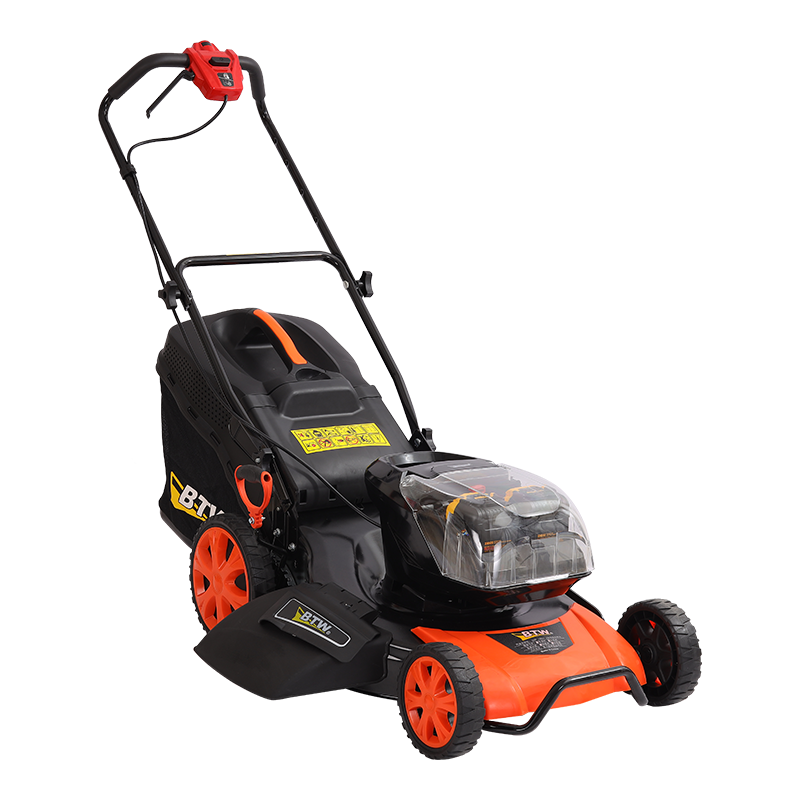 Black and orange electric lawn mower isolated on white